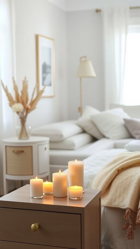 A cozy bedroom with a candle arrangement on a bedside table, featuring soft textures and neutral colors.