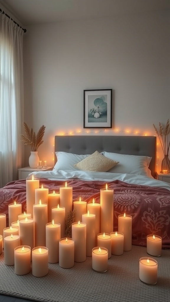 A cozy bedroom with a large arrangement of lit candles on the floor, creating a warm and inviting atmosphere.