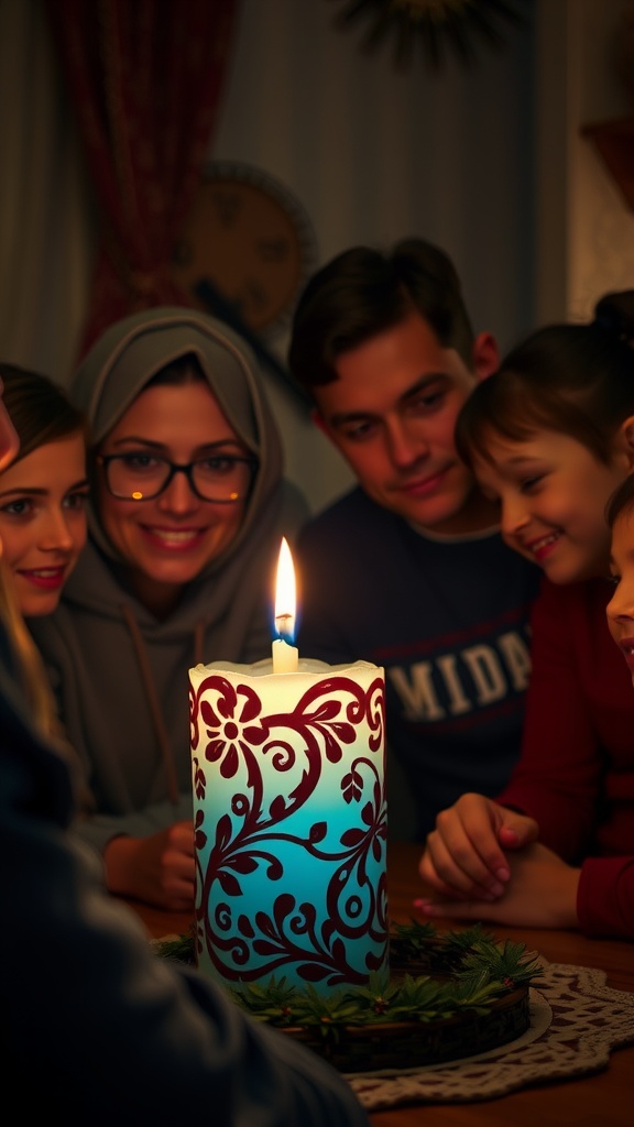 A candle reveal ceremony with a decorated candle and friends gathered around.