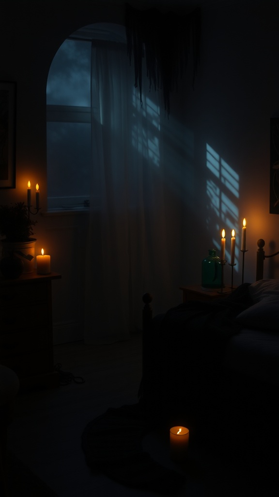 A dimly lit bedroom with candles casting a warm glow, creating a cozy, witchy atmosphere.