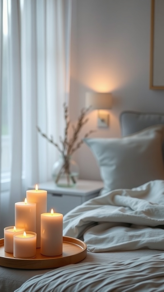 A cozy bedroom setup featuring a tray of lit candles on a bed, with soft curtains and gentle lighting.