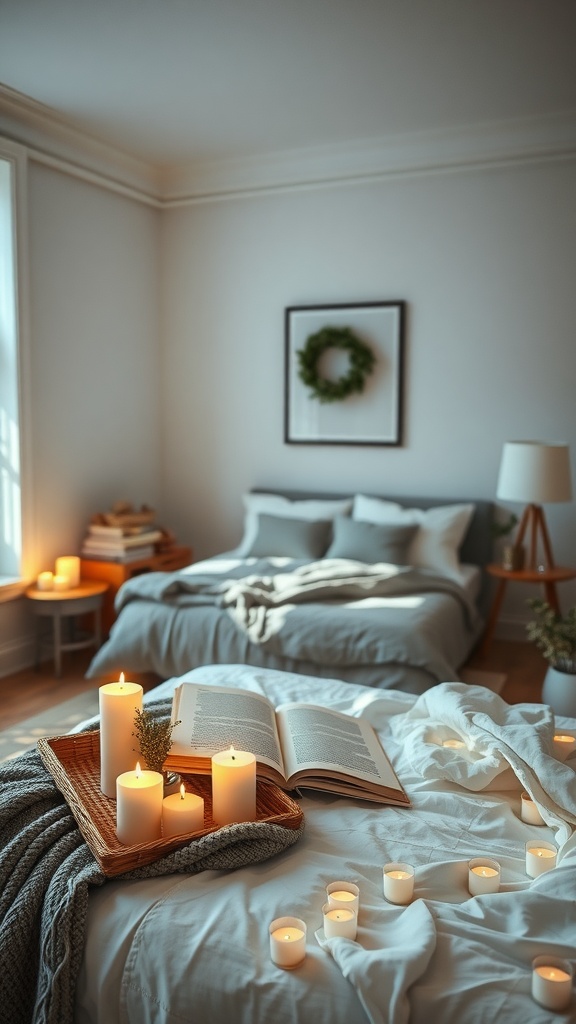 A cozy bedroom with candles, a book, and soft textiles creating a relaxing atmosphere.