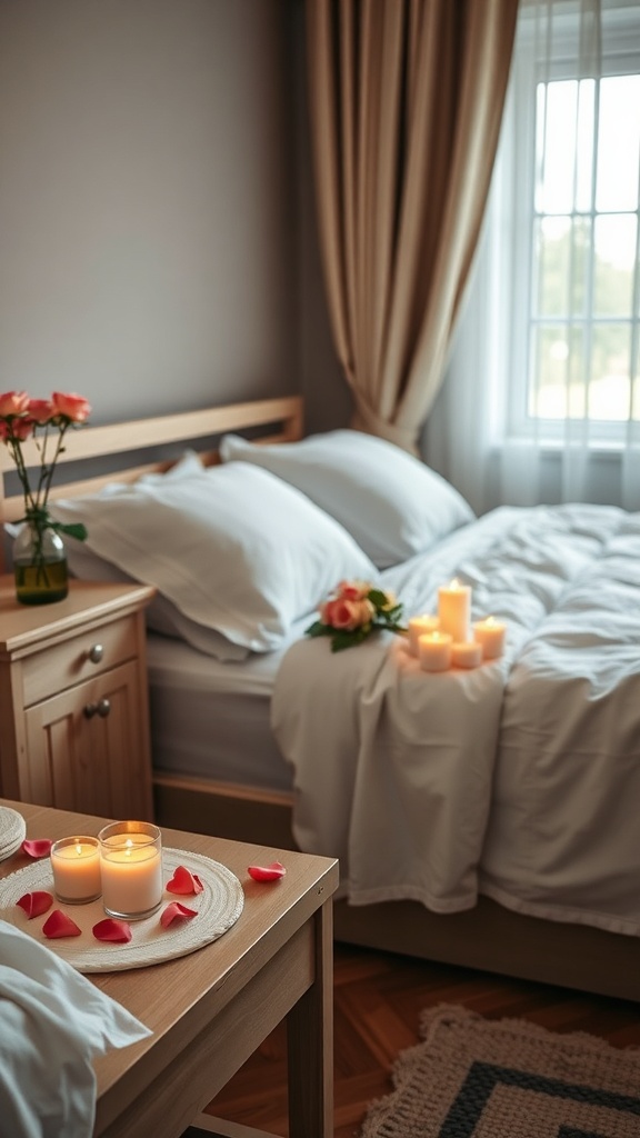 A cozy bedroom with a candlelit nightstand, featuring candles, rose petals, and a vase of roses.