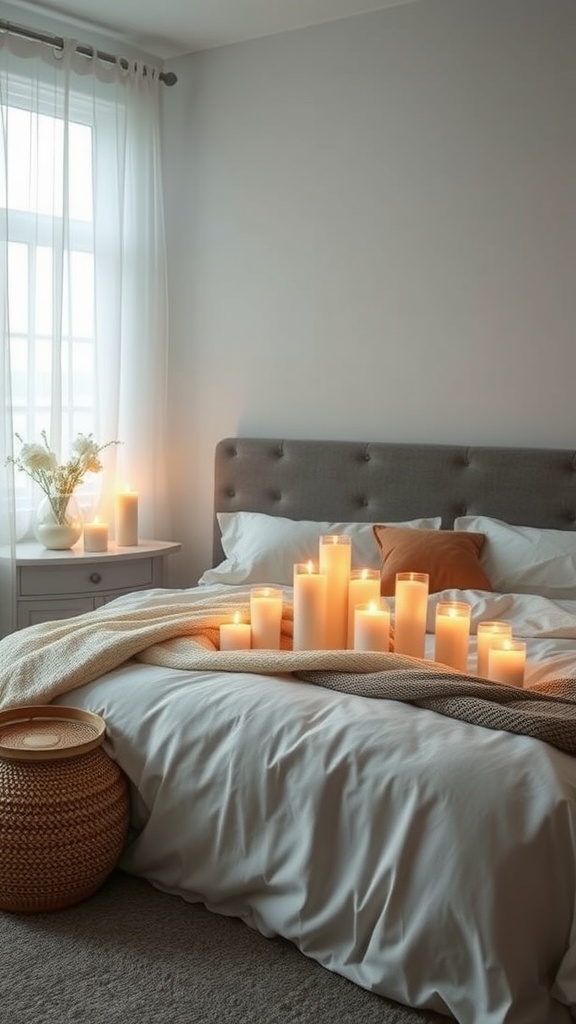 A cozy bedroom with candles arranged on the bed, creating a warm and inviting atmosphere.