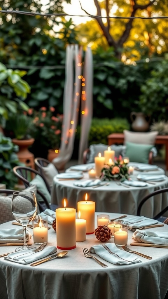 A beautifully arranged outdoor table with candles, flowers, and rustic decor, creating an intimate atmosphere for gatherings.