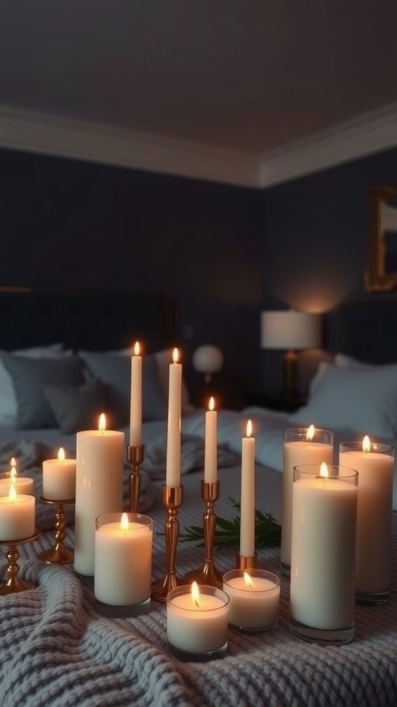 A cozy bedroom with a variety of candles illuminating the space, creating a warm atmosphere
