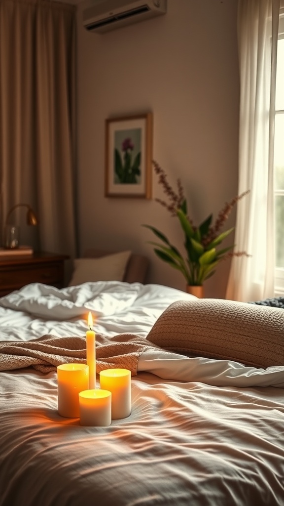 Cozy bedroom setup with candles on the bed, creating a warm and inviting atmosphere.
