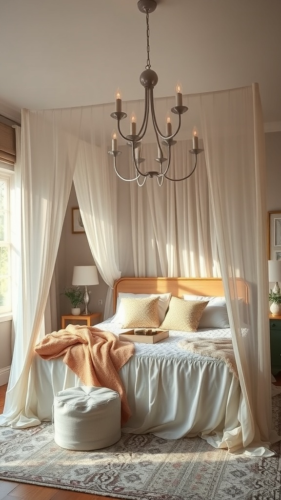 Cozy bedroom featuring a canopy bed with soft drapes, warm bedding, and a chandelier.