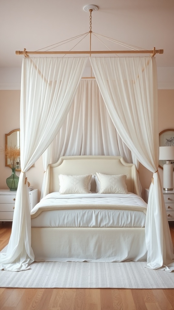 Cozy bedroom featuring a canopy bed with sheer curtains, neutral bedding, and soothing decor.