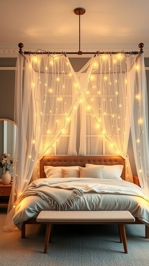 A cozy bedroom featuring a canopy bed adorned with fairy lights, soft bedding, and a small bench.