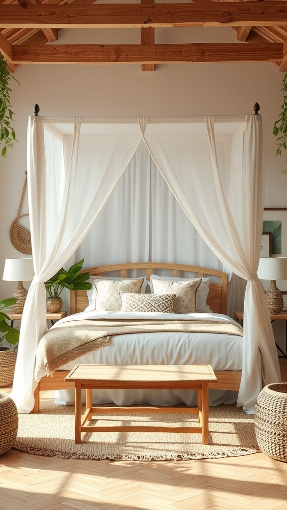 A cozy jungle-themed bedroom featuring a canopy bed with natural fabrics, wooden furniture, and potted plants.