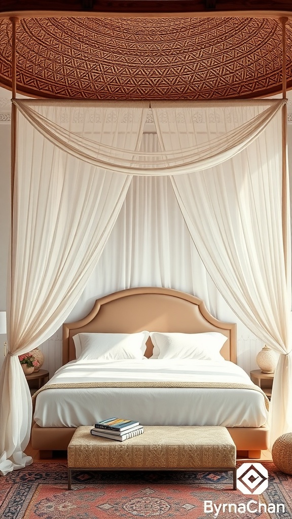 A luxurious Moroccan bedroom featuring a canopy bed with drapery and intricate ceiling design.