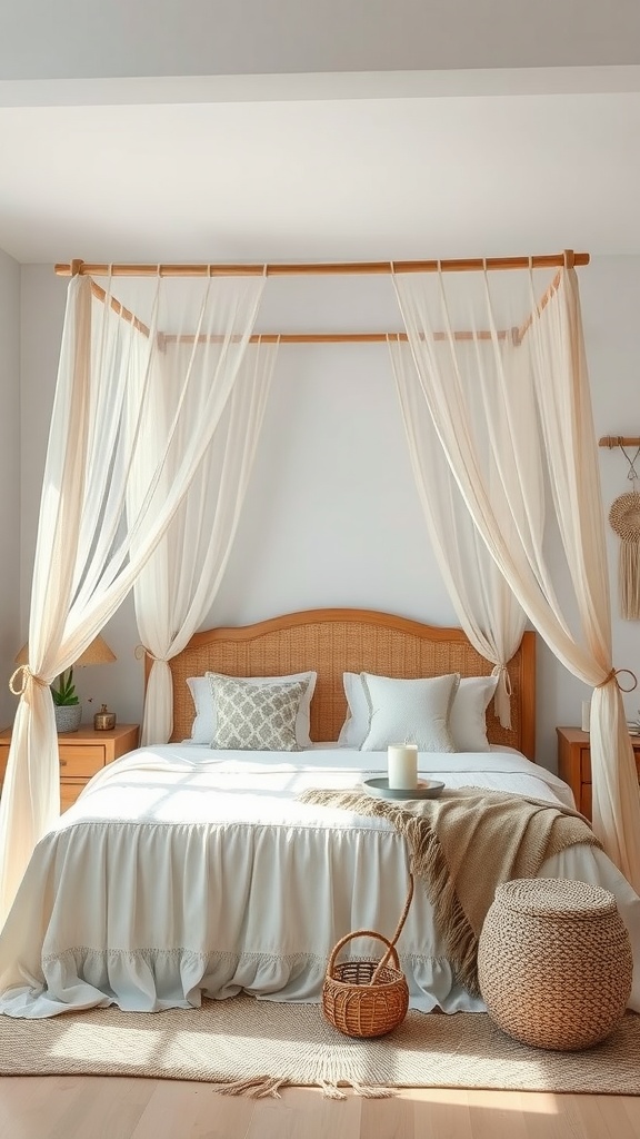A cozy boho-style bedroom featuring a canopy bed with flowing fabric, soft pillows, and natural decor elements.