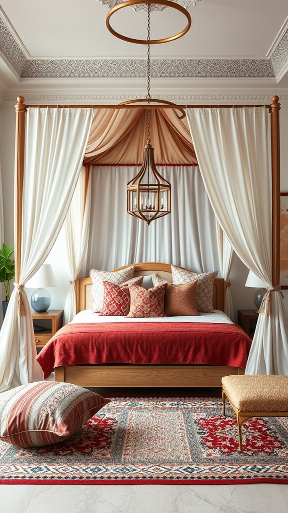 A Moroccan-inspired bedroom featuring a canopy bed with draped fabrics, warm lighting, and decorative pillows.