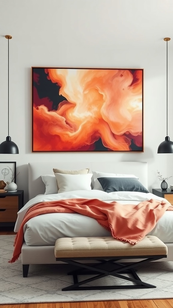 A vibrant canvas art piece featuring swirls of orange and red in a modern bedroom setting.