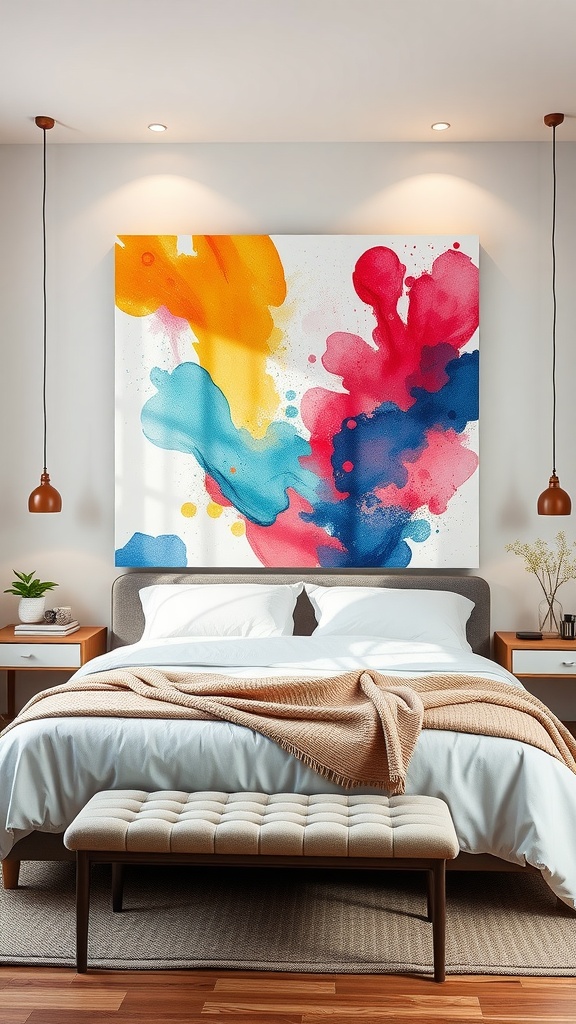 Colorful canvas artwork hanging above a bed in a modern bedroom