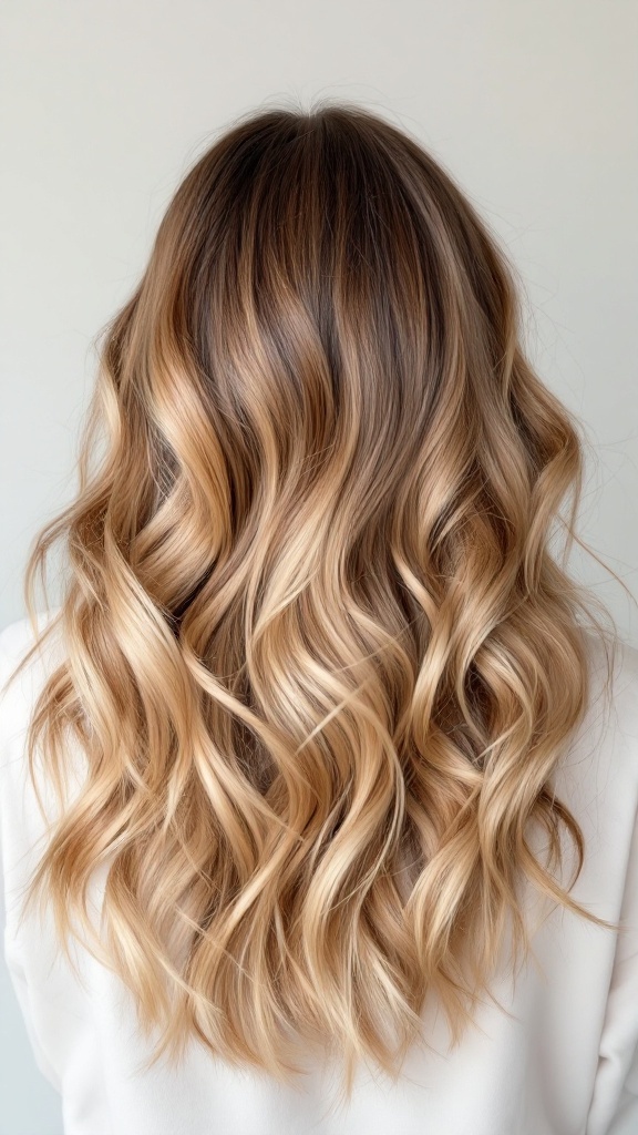 Back view of wavy hair with caramel blonde highlights