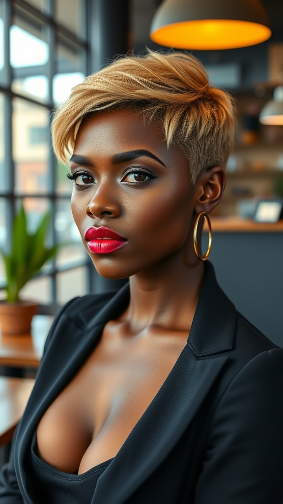 A stylish woman with a caramel blonde pixie haircut and bold red lipstick