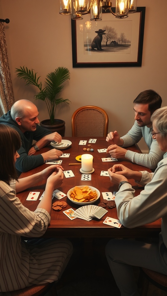 A family enjoying a card game tournament at the dining table with snacks
