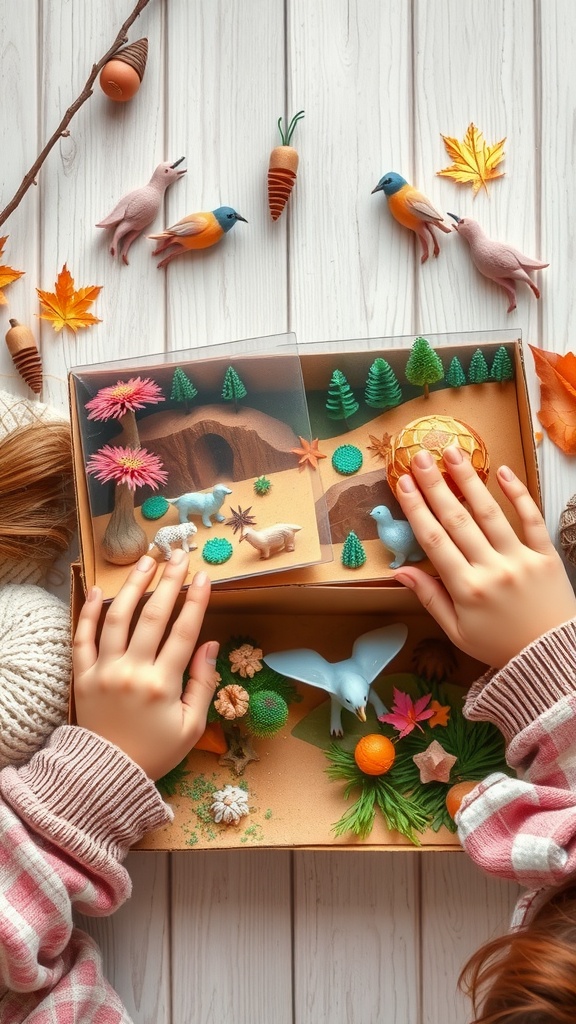 Child's hands arranging a colorful animal habitat diorama in a cardboard box, with miniature animals, trees, and natural decorations.