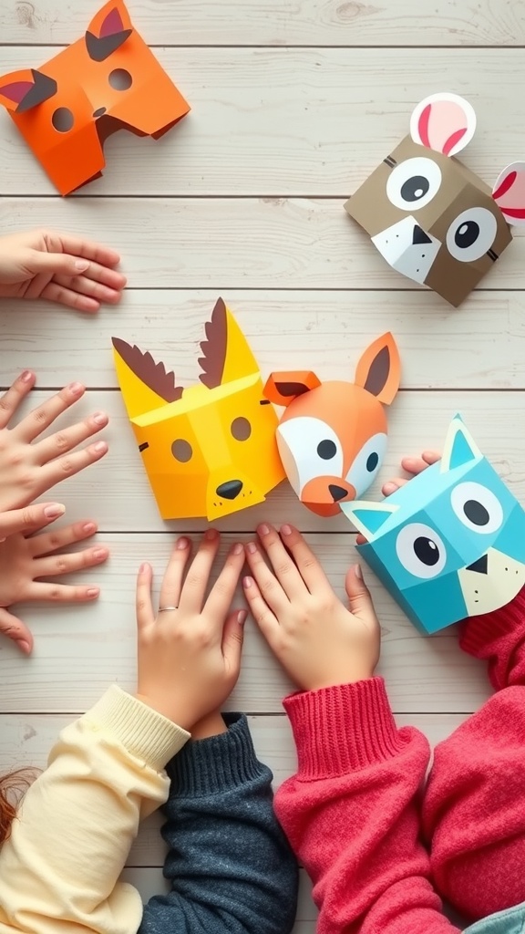 Colorful cardboard animal masks made by kids