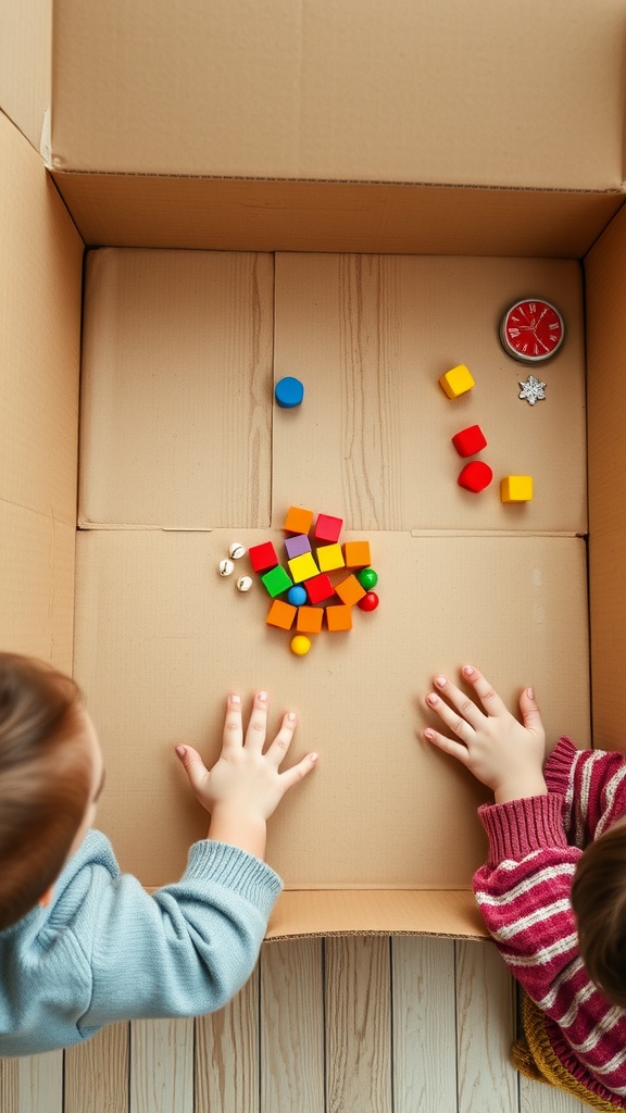 Two toddlers playing with colorful blocks inside a cardboard box.