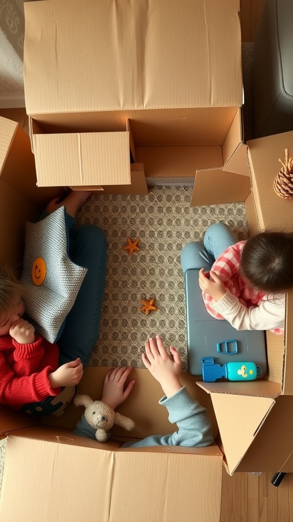 Two children playing inside a cozy cardboard box fort with toys and pillows.