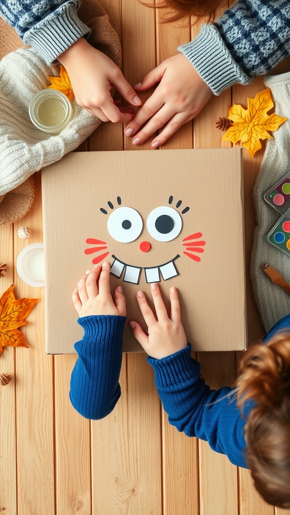 Two hands decorating a cardboard box monster with googly eyes and a big smile