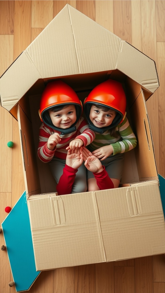Two children inside a cardboard box rocket ship smiling, wearing bright helmets