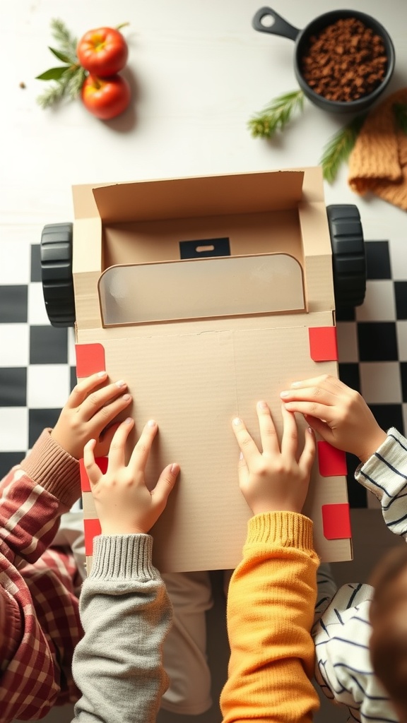 Kids making a cardboard car together, with hands on the car and creative materials around.