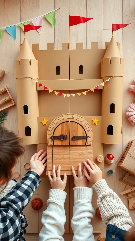 Children building a cardboard castle with a drawbridge, decorated with flags.