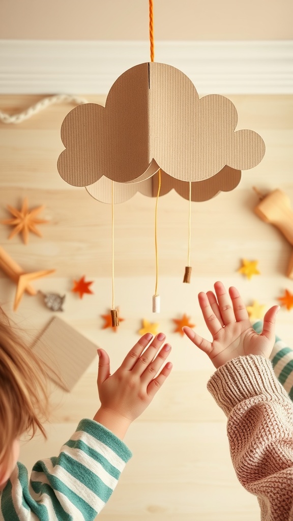 A cardboard cloud mobile with dangling decorations, held up by children's hands.