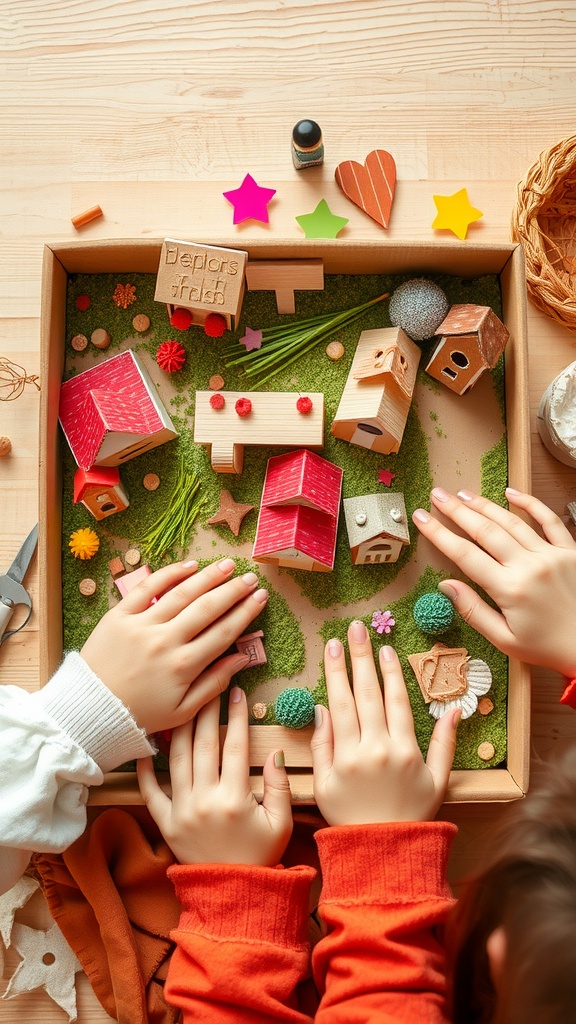 Kids creating a colorful cardboard fairy garden with little houses and decorations.
