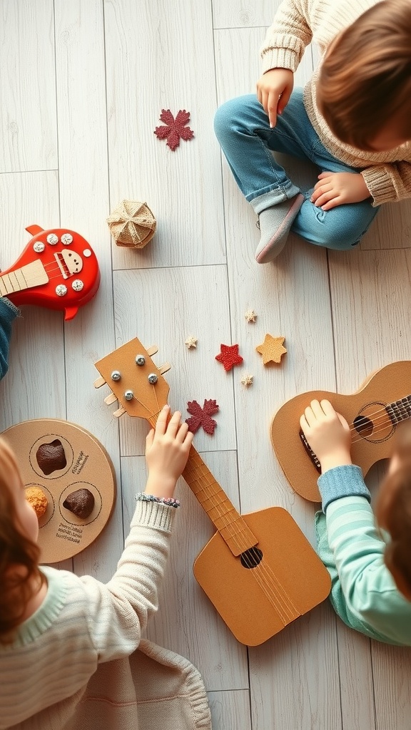 Children playing with colorful cardboard musical instruments, including a guitar and ukulele, surrounded by decorations.