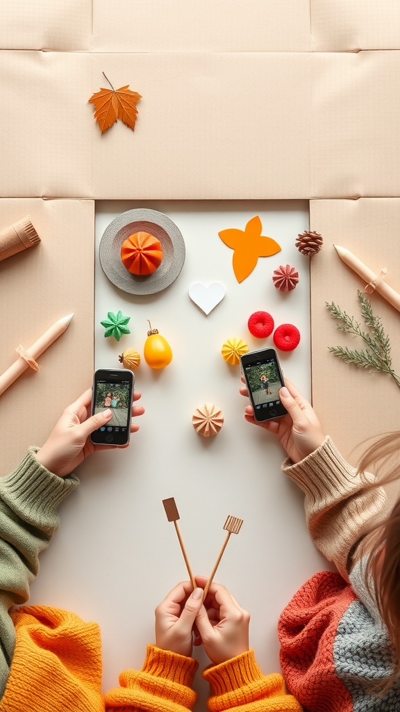 Children taking photos at a cardboard photo booth with colorful decorations.