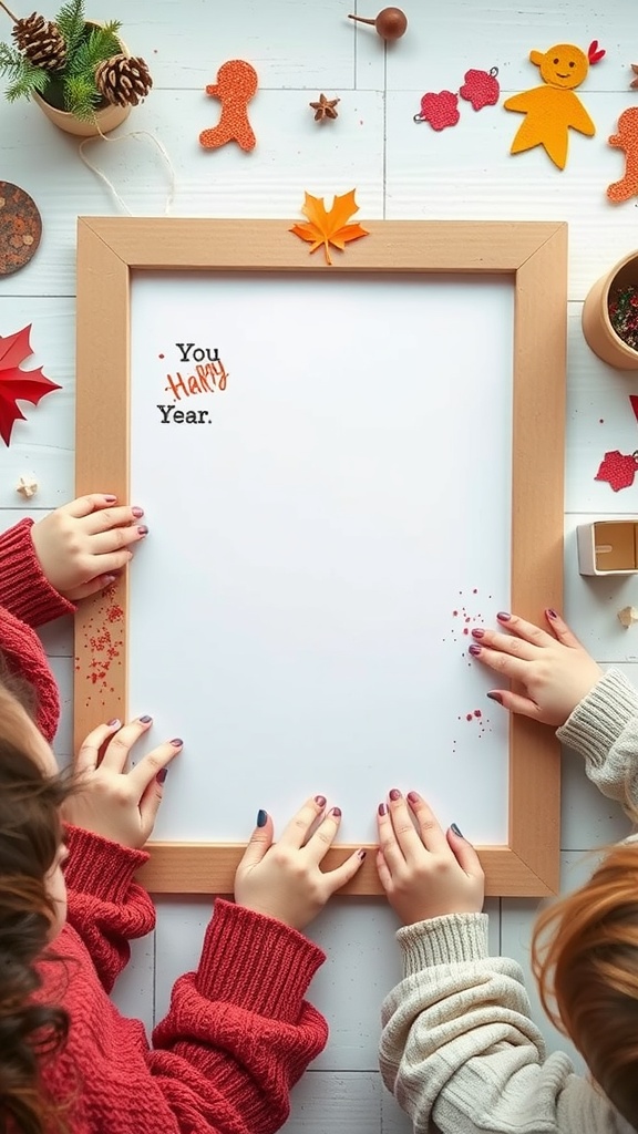 Children's hands holding a cardboard picture frame with decorations around it.