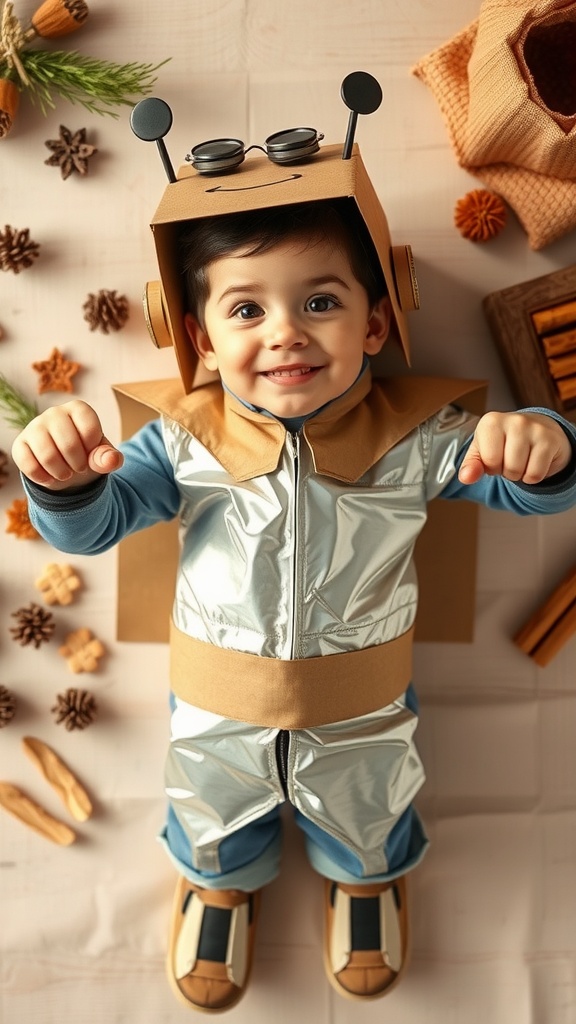 A joyful child dressed in a cardboard robot costume, complete with antennae and a shiny silver look, surrounded by craft materials.