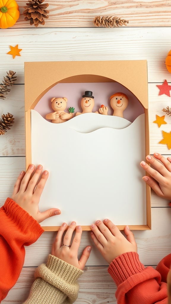Children's hands holding a cardboard shadow box with playful characters inside.