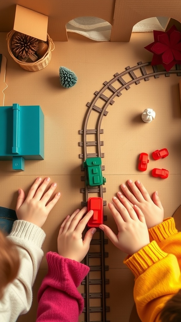 Children playing with a cardboard train station and colorful toy trains.