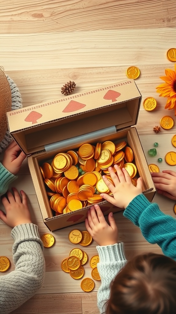Kids' hands reaching into a cardboard box filled with gold coins