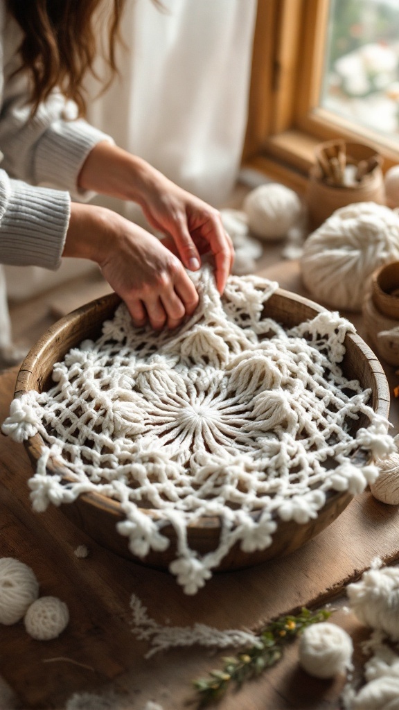 A person arranging a crochet piece in a wooden bowl, surrounded by yarn and crafting materials.