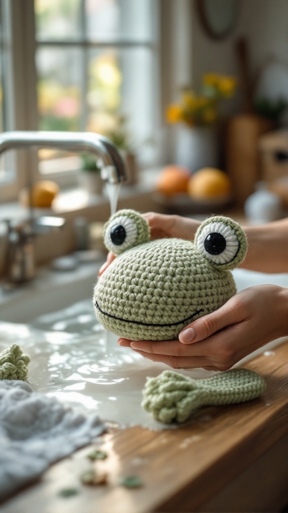A person holding a crochet frog hat above a sink with water, showing care and maintenance.