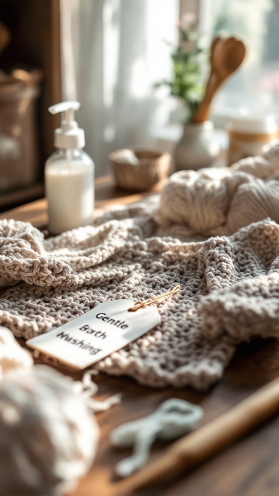 A cozy crochet baby jacket laid out with care products and a tag that says 'Gentle Bath Washing'.
