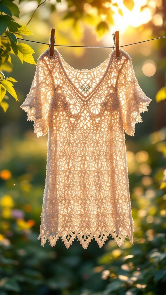 A delicate crochet mesh dress hanging on a clothesline, illuminated by sunlight.