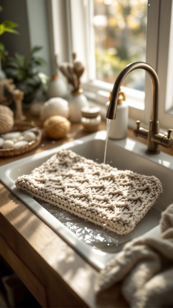 A crochet laptop sleeve soaking in a sink with running water