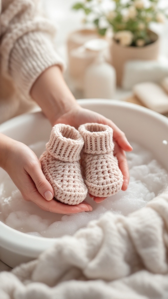 A pair of crochet baby booties being washed in soapy water with a person's hands