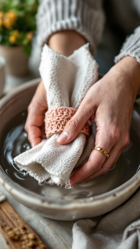 A person washing a napkin wrapped in a crochet napkin ring in a bowl of water.