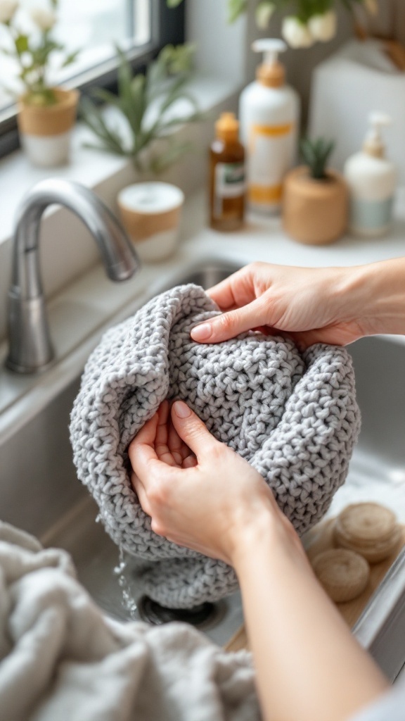 A person washing a grey crochet shoulder bag in a sink