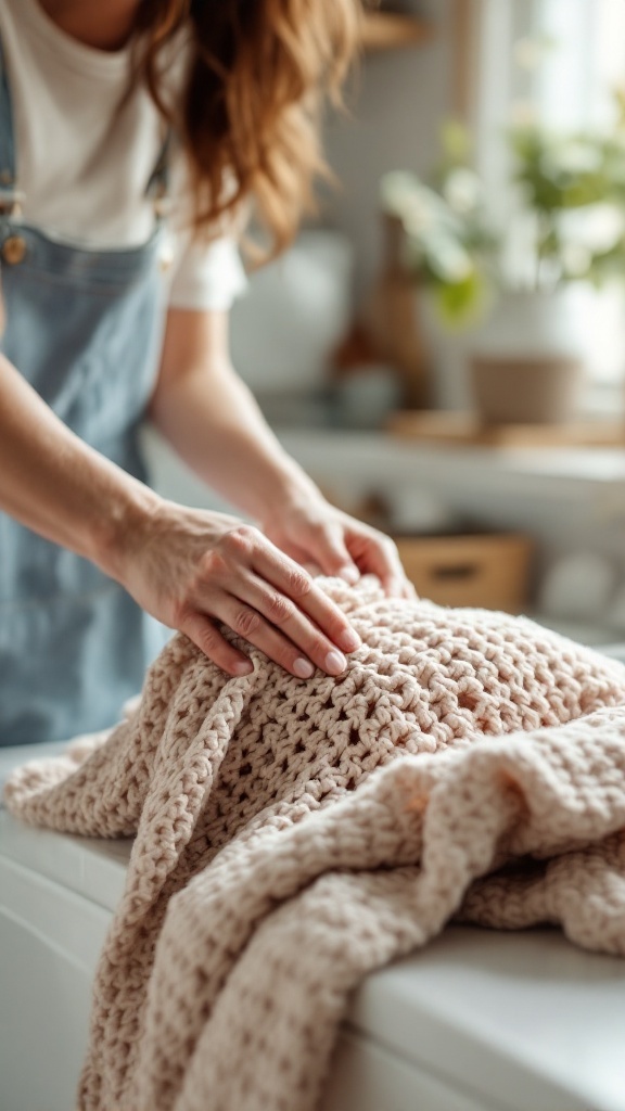 Person gently handling a crochet pillow cover