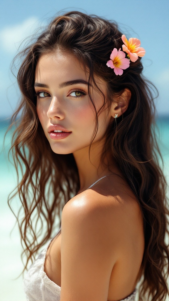 A woman with flowing beach waves and bright floral clips in her hair, standing by the ocean.
